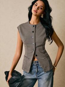 Poéselle 千鸟格前扣盖袖针织上衣 | 复古学院风马甲衬衫，千鸟格上衣女款，前扣背心，复古学院风，学院风别致衬衫，老钱风格上衣，合身马甲衬衫，女士时尚休闲千鸟格单排扣圆领衬衫，简约时尚，老钱风格，适合日常穿着、外出、通勤、约会、居家、度假等场合。秋季 - 咖啡棕 - 查看 4