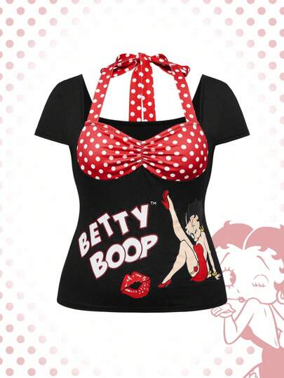 Betty Boop | ROMWE Große Größen Kontrast Farbe Polka Punkte & Cartoon Figur Grafik Sexy Trägershirt mit Kurzarm