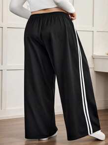 SHEIN CURVE+ Plus Size Women's Casual Black Side Striped Pants, Back To School Season, Halloweenfall Clothes For Women,Winter,CURVE PLUS - Black - View 3