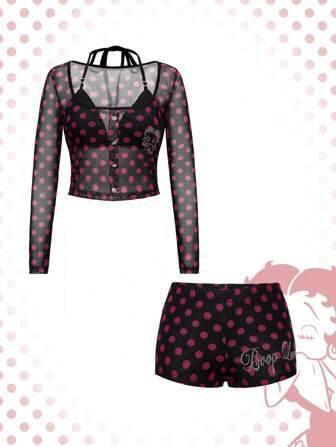 Betty Boop | ROMWE 2pcs Women Polka Dot & Rhinestone Graphic Long Sleeve Top And Shorts Set
