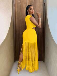 BamGleam Bộ đồ liền thân không tay gợi cảm có chân váy tua rua, mùa hè - Màu vàng - Xem 2