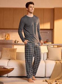 Men Plaid Print Pocket Patched PJ Set / Pajama Set - Dark Grey - View 4