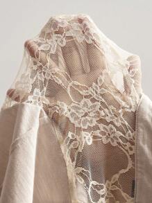 Bohemela 女士休闲纯色针织撞色蕾丝 T 恤 - 杏色 - 查看 8