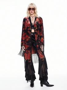 ROMWE Women Casual Vintage Floral Pattern Tassel Decor Hippie Cover Up, Long Sleeve