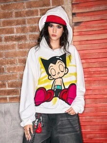 Astro Boy X ROMWE Retro Street Fashion Cartoon Graphic Loose Hooded Sweatshirt - White - View 6