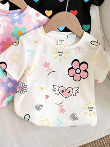 SHEIN Happikins 4pcs/Set Young Girl Casual Basic Round Neck Short Sleeve T-Shirts, Suitable For Spring & Summer, School, Campus, College - Multicolor - View 3