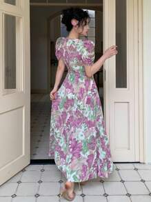 Modelyn 珍珠纽扣装饰交叉领口泡泡袖修身女式连衣裙 - 彩色 - 查看 2