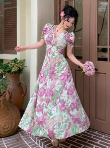 Modelyn 珍珠纽扣装饰交叉领口泡泡袖修身女式连衣裙 - 彩色 - 查看 3