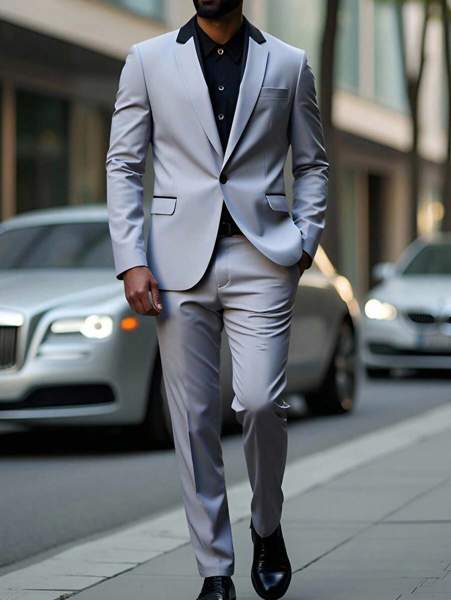 Manfinity Mode 男士双色翻领长袖西装外套和裤子休闲套装 - 灰色 - 查看 1