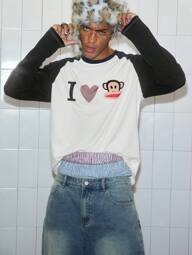 ROMWE MEN Paul Frank X ROMWE 남성 라인스톤 디테일 레터 카툰 패턴 대비 래글런 긴팔 티셔츠, 가을, 2000년대 스타일