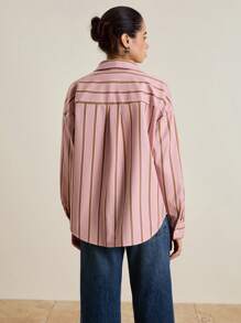 INAWLY Women's Casual Everyday Striped Front Button Down Oversized Shirt Fall Cloth For Women - Pink - View 3
