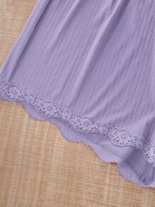 SHEIN Bộ đồ ngủ 3 món ren trơn màu mùa hè cỡ lớn, quần short và quần dài cho nữ, trang phục - Màu tím - Xem 6