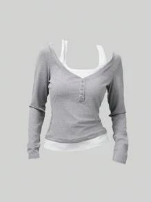 SHEIN Girlism Teen Girls' Colorblock Patchwork 2-In-1 Design T-Shirt, Fitted Silhouette, Casual Style Grey Top Long Sleeve Top Gray Shirt Layered Top Two-Piece Top Gray Long Sleeve Top Long Sleeve Shirts For Girls Layered Look Top Double Layer Top Women Top Gray Top Long Sleeve Shirts For Women Women Gray Top Girls Tops Fall Winter