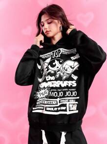 THE POWERPUFF GIRLS X SHEIN 女士时尚美式街头风格卡通字母印花落肩宽松连帽衫 - 黑色 - 查看 5