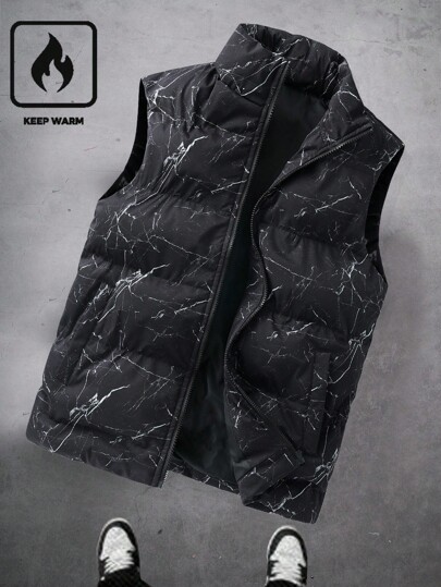 Manfinity Homme Men's Printed Vest With Stand Collar,  Padded Loose Fit Sleeveless Cardigan Jacket, Versatile For Autumn/Winter Men Vest Men Puffer Vest Winter Vest Marble Vest, Men's Puffer Vest, Men's Winter Vest, Sleeveless Jacket Men, Man's Vest, Black Puffer Vest Men