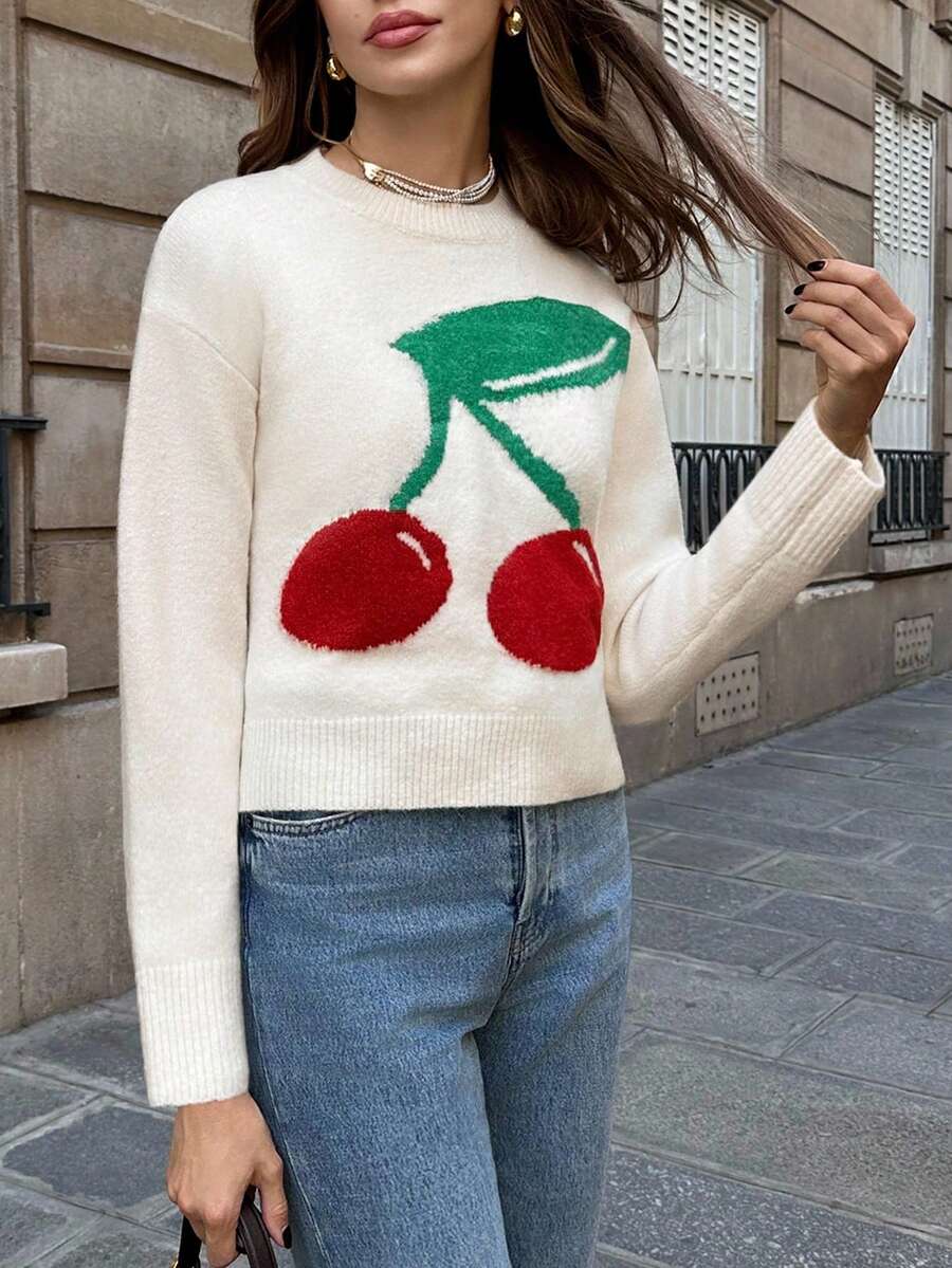 Chiquease Women's Minimalist Long Sleeve Cherry Knit Pullover Sweater - Apricot - View 1