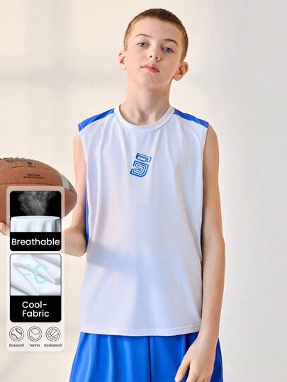 JNSQ Back To School Outdoor Sports Top, Tween Boy Round Neck Funny Letter Print Color Block Patchwork Tank Top