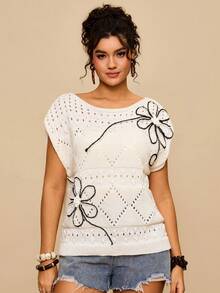 Travachic Gilet sans manches en tricot à motif floral et lignes pour femmes grandes tailles, convient pour l'été et l'automne - Beige - Voir 4