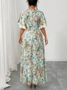 Modelyn Váy chữ A hai lớp tay lửng họa tiết tie-dye màu xanh lam cỡ lớn cổ vuông chắp vá màu mơ - Nhiều màu - Xem 2
