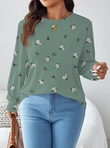 SHEIN LUNE Plus Size Women Loose Floral Print Round Neck Long Sleeve T-Shirt For Autumn & Winter - Green - View 5