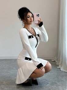 Franclia 全新复古法式拼色V领长袖针织修身中长连衣裙