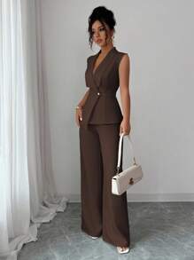 Elenzga Trang phục dự tiệc trà chiều thanh lịch cho nữ khi đi làm, áo khoác blazer không tay có cổ, viền bất đối xứng, khóa thắt lưng kim loại, kết hợp với quần cạp chun, bộ vest 2 món, xuân/hè - màu nâu - Xem 5