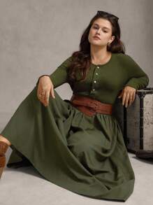 Zelara Đầm dài tay thường ngày dệt chắp vá cỡ lớn cho nữ có nút cài nửa thân - xanh quân đội - Xem 8