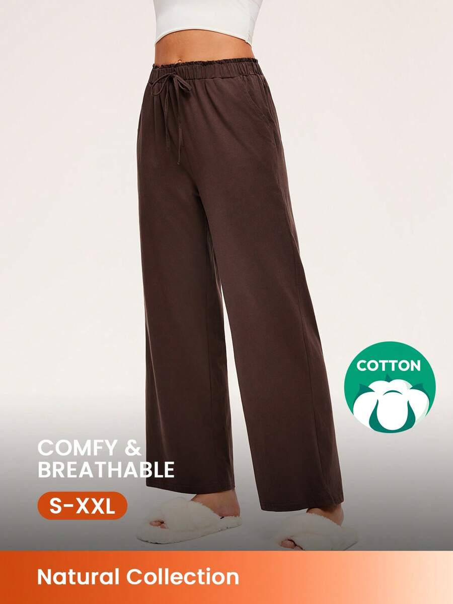 LUVLETTE Autumn And Winter Soft Airy 100% Pure Cotton Wide Fit Women Lounge Bottom Pajama Pants Airy Pajama Lingerie As Outerwear Pants With Pockets Cozy At Home Fall Pajamas - Coffee Brown - View 1