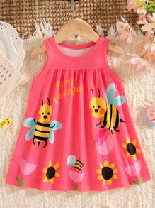 SHEIN 女宝宝可爱蜜蜂动物元素无袖连衣裙，春夏时尚新款 - 玫紅色 - 查看 3