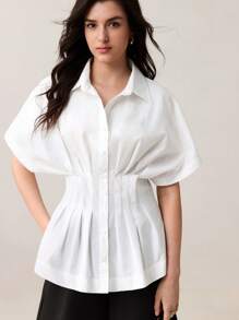BizChic Women's Elegant White Waist-Cinched Batwing Sleeve Blouse, Suitable For Daily, Work, Dates, Commuting And Vacation, Spring/Summer - White - View 4