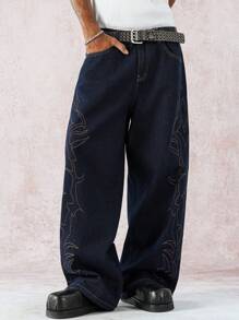 Manfinity Roghcode Men's Wide Leg Graphic Denim Jeans With Zipper Closure - Modern Casual Style Designer Jeans For Men Graphic Jeans Men Embroidered Jeans Baggy Jeans - Dark Wash - View 8