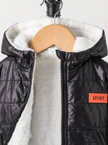 SHEIN 1Pc Infant And Toddler Boys Kids Letter Patched Detail Teddy Lined Fuzzy Full-Zip Jacket Winter Warm Coats With Pockets Hooded Outwear(6mths-3yrs) , Suitable For Outdoor, Daily Wear, Travel Toddler Boy Winter Clothes Kids Boys Winter Outfits Baby Boy Quilted Jacket Baby Boy Winter Jacket Baby Boy Jacket Toddler Boy Winter Coat Boy Winter Jacket Toddler Boy Black Jacket Fall
