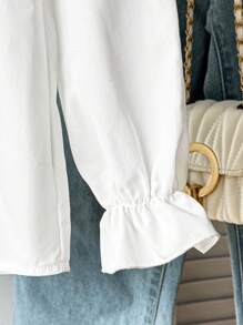 Tween Girl Ruffle Lace Patchwork Front Button Long Sleeve Shirt - White - View 7