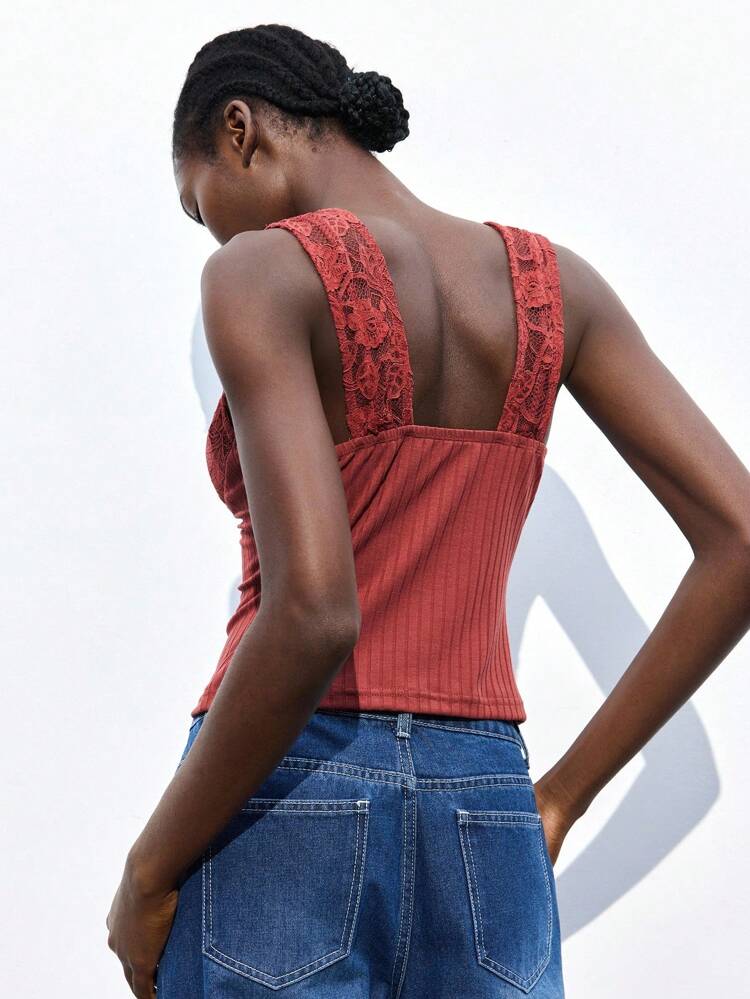 SHEIN Maija Women's Elegant Solid Color Lace Patchwork Tank Top Summer Crop Tops Cute Tops Going Out Tops Women Office Sexy Top Birthday Club Sexy Christmas Top