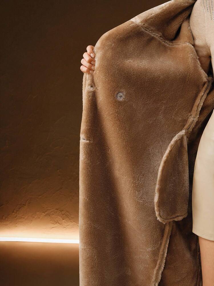 Women's Autumn/Winter Long Faux Fur Collar Cinched Waist Double-Breasted Casual Regular Jacket, Suitable For Autumn, Fall, Winter, Going Out, Elegant, Formal, Party, Chic, New Year, Christmas, Work, Graduation, Wedding