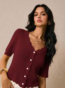 Poéselle Blusa de punto casual de mujer con cuello en V arqueado y manga corta, de un solo abotonado y unicolor - Burdeos - Ver 4
