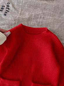 SHEIN LMoss Kids LMoss 女婴可爱简约米色长袖毛衣裙，秋冬