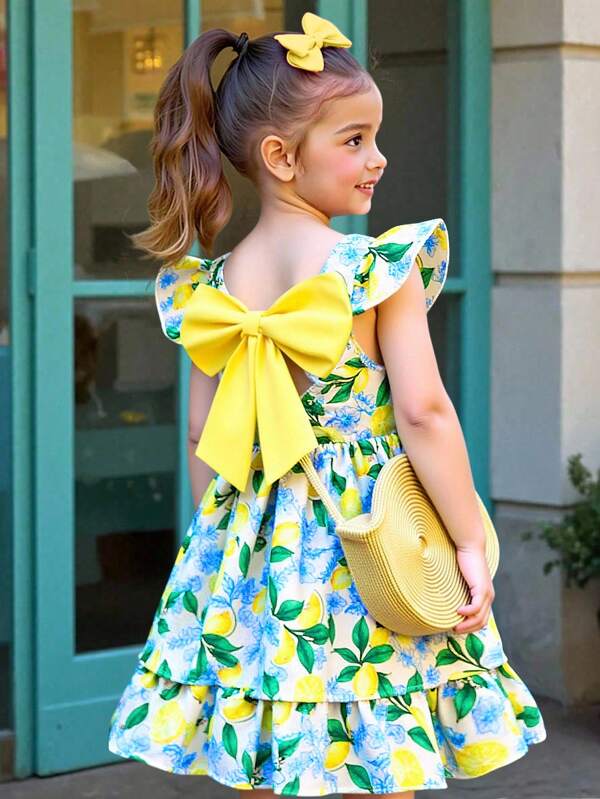 Girls Yellow Lemon Print Dress With Bow Detail And Ruffle Sleeves Little Girl Lemon Dress Girl Bow Dress Girls Summer Dress Lemon Print Dress For Girls
