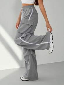 SHEIN Tall Women's Summer Streetwear Sport Basic Flap Pocket Side Drawstring Waist Parachute Grey Cargo Pants