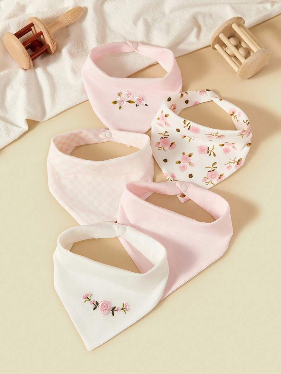 6pcs Baby Cotton Bibs, Ditsy Floral Embroidery Triangle Scarf, Suitable For Infants Under 3 Years Old, All Seasons