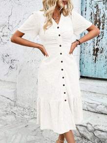 SHEIN Clasi Hollow Out Embroidered Button Up Dress With Ruffle Hemline Maxi Women Outfit - Apricot - View 4