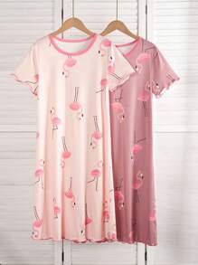 2pcs Teen Girls Flamingo Printed Comfortable Casual Nightgown, Minimalist Design For Easy Matching, Stretchy Knit Fabric, Machine Washable - Multicolor - View 3