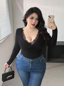 Flirla Suéter de punto elegante de unicolor con parches de encaje y retorcido para tallas grandes