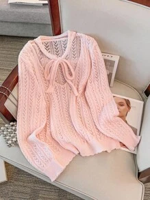 Franclia Áo len chui đầu thắt nơ khoét rỗng cho nữ, Áo chui đầu dệt kim thu đông - Màu Hồng baby - Xem 3