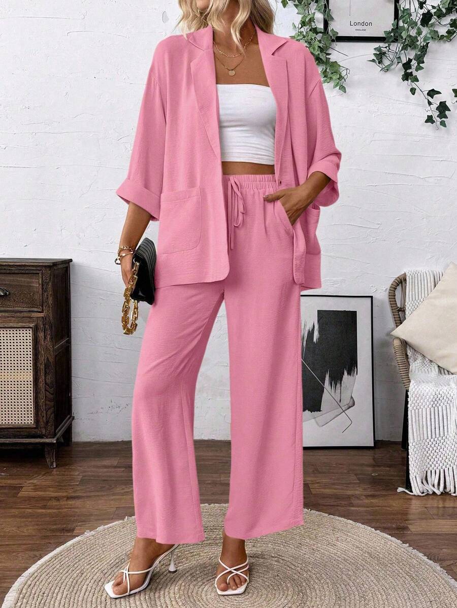 SHEIN Clasi Linen Blend Casual Solid Color Jacket & Pants Suit Set Casual Outfits Spring Clothes For University Fall Cloth For Women