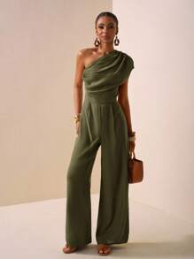 Zivah 2025 春夏新品 音乐节、复活节、圣帕特里克节、西部风、游牧风、生日派对、毕业典礼、校园风、学生装、日常休闲、度假、邮轮旅行、海滩、日光浴、街头风、优雅不对称纹理面料棕色连体裤 - 軍綠色 - 查看 5