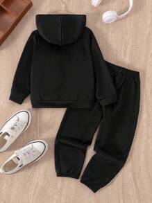 SHEIN Playful Pals 2 件幼儿男童连帽衫套装，秋冬新款长袖连帽卫衣和裤子套装，黑色连帽白色撞色拉链卫衣和黑色裤子，舒适休闲装适合日常穿着，兄弟姐妹套装 - 黑色 - 查看 2