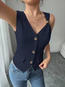 Elenzga 女士时尚优雅纯色高品质休闲翻领开襟无袖假口袋上衣，适合工作场合穿着 - 藏蓝色 - 查看 5