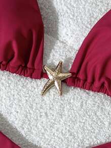 Swim Basics Women's Solid Color Spaghetti Strap Metal Decor Sexy Bikini Set, Summer - Red - View 4