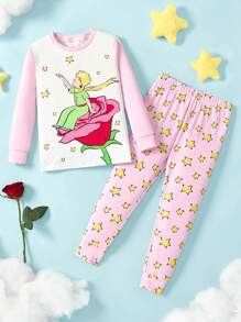 LE PETIT PRINCE X SHEIN Ensemble pyjama avec t-shirt à manches longues décontracté et polyvalent avec motif graphique de personnage de dessin animé de jeune fille et motif rose, et pantalon imprimé d'étoiles